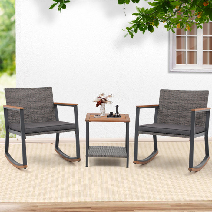 3 Pieces Rocking Bistro Set, Patio Rattan Furniture Conversation Chairs with Coffee Table & Cushions for Balcony Porch Poolside