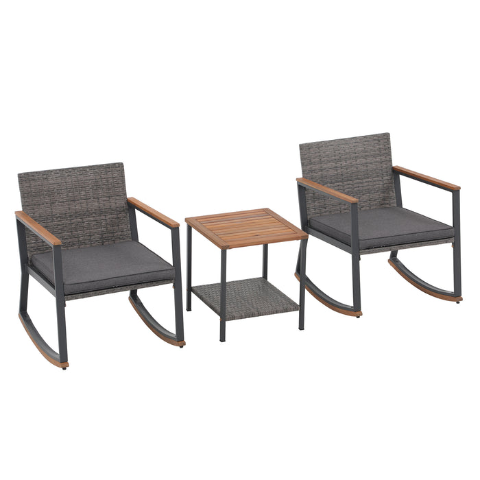 Betcozy 3 Pieces Rocking Bistro Set, Patio Rattan Furniture Conversation Chairs with Coffee Table & Cushions for Balcony Porch Poolside