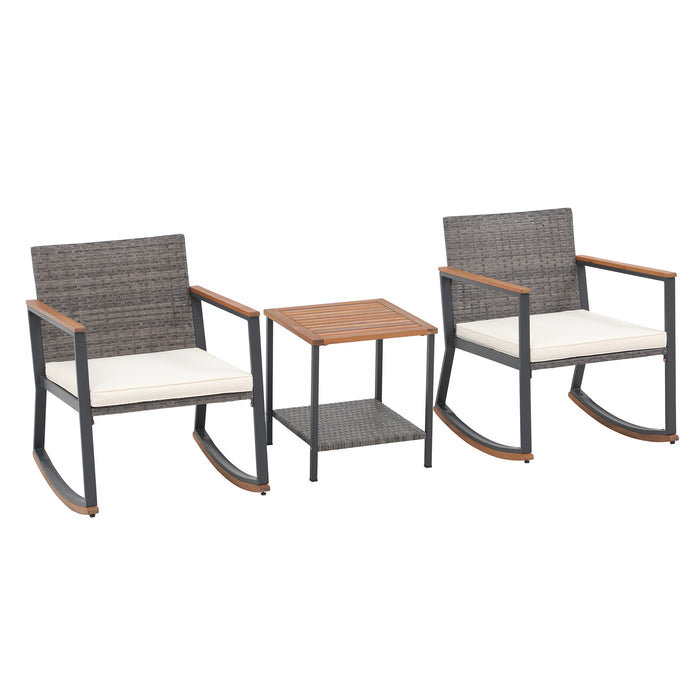 3 Pieces Rocking Bistro Set, Patio Rattan Furniture Conversation Chairs with Coffee Table & Cushions for Balcony Porch Poolside