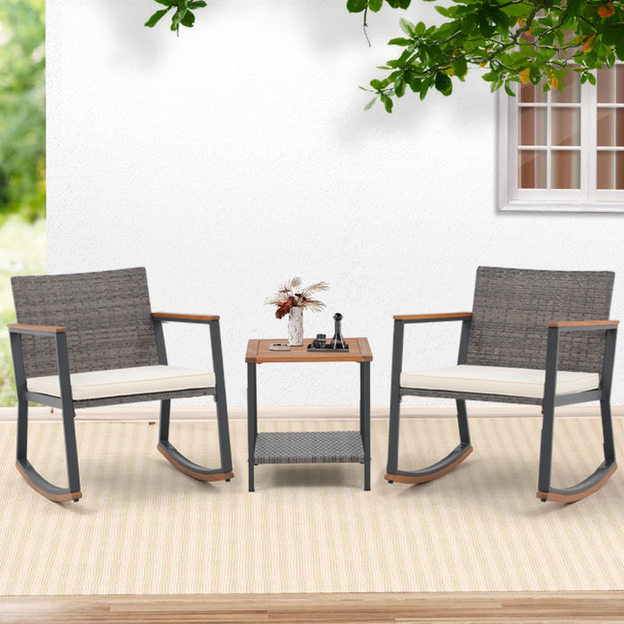 3 Pieces Rocking Bistro Set, Patio Rattan Furniture Conversation Chairs with Coffee Table & Cushions for Balcony Porch Poolside