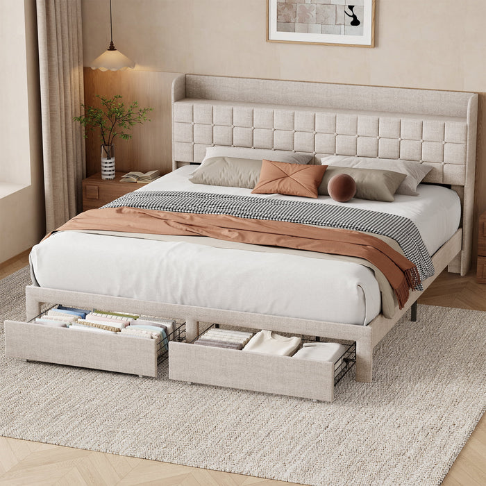 Blorly King Size Upholstered Platform Bed Frame with 4 Storage Drawers, Tufted Wingback Headboard with Top Storage Shelf, Heavy Duty Steel Slat Support, No Box Spring Needed, Noise-Free, Beige Linen