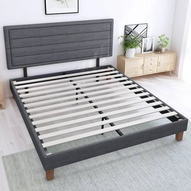 Full Size Upholstered Platform Wood Bed Frame, Wooden Platform Bed No Box Spring Needed, Noise-Free Bed Foundation, Dark Grey