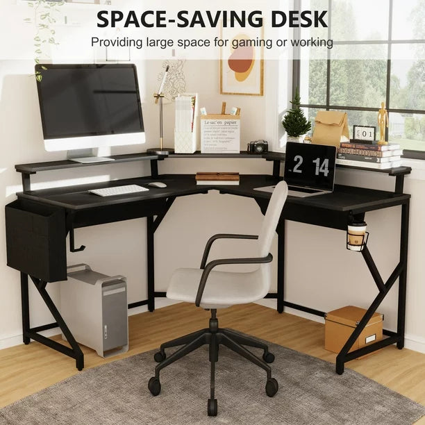 L Shaped Gaming Desk with LED LightsL Shaped Gaming Desk & Power Outlets, 51" Computer Desk with Monitor Stand, Cup Holder, Carbon Fiber Surface Home Office Desk, Corner Gaming Desk with Hooks, Black
