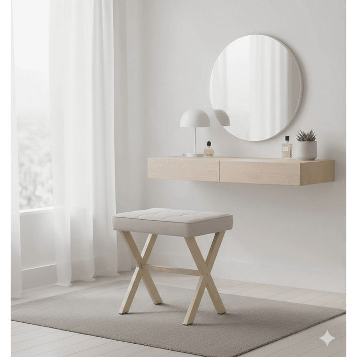 Blorly Linen Ottoman, 18" Makeup Vanity Stool, Small Square Padded Footrest for Bedroom, Living Room,Beige