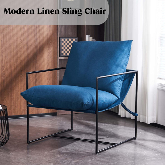 Modern Accent Linen Sling Chair Indoor for Living Room Bedroom and Office Metal Framed Armchair with Soft Bag Cushion Modern Accent Comfy Chair for Lounge Minimalist Style Chair, Dark Grey