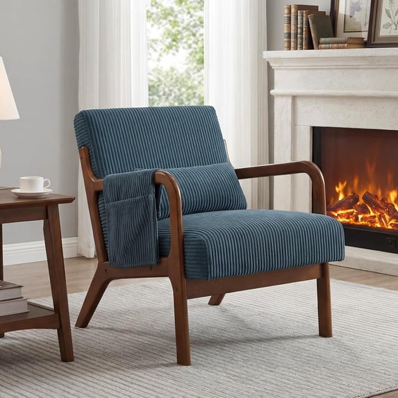 Blorly Mid-Century Modern Accent Chair,Aesthetic Armchair with Chic Wooden Frame & Premium Lumbar Pillow, Exceptionally Comfy Corduroy UpholsteredReading Lounger for Living Room, Bedroom, Blue