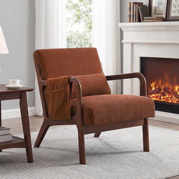 Blorly Mid-Century Modern Accent Chair,Aesthetic Armchair with Chic Wooden Frame & Premium Lumbar Pillow, Exceptionally Comfy Corduroy UpholsteredReading Lounger for Living Room, Bedroom, Orange