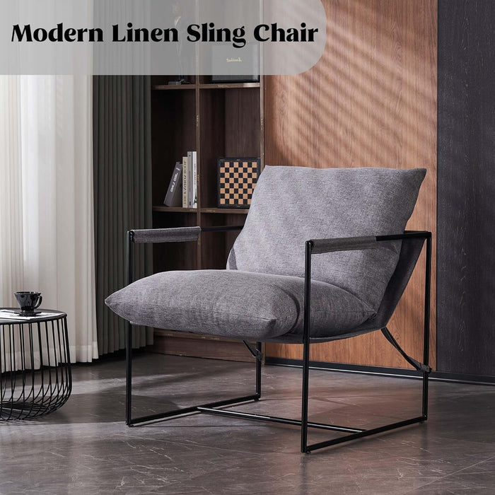 Modern Accent Linen Sling Chair Indoor for Living Room Bedroom and Office Metal Framed Armchair with Soft Bag Cushion Modern Accent Comfy Chair for Lounge Minimalist Style Chair, Dark Grey