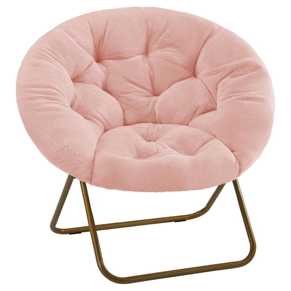 Comfy Saucer Chair, Folding Cozy Faux Fur Accent Seat with Thick Padded and Metal Frame, Single Leisure Chair for Living Room Bedroom