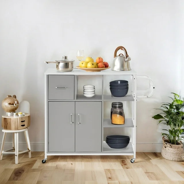 Mydepot Kitchen Island Cart with Lockable Wheels, Utility Kitchen Cart with Drawer and Locker, Open Storage Shelves, Suitable for Living Room, Dining Room, Bar