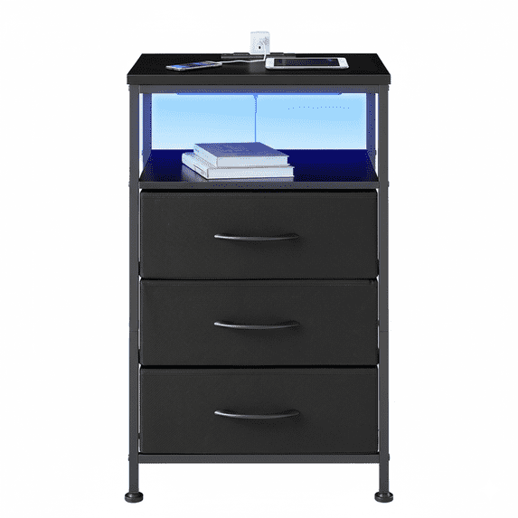 Beddle Nightstand, Beddle LED Bedside End Table with Charging Station, Bedroom Fabric Drawers Night Stand, USB/Type-C Ports & Outlets, Black