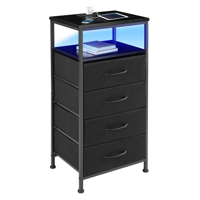 Beddle Nightstand, Beddle LED Bedside End Table with Charging Station, Bedroom Fabric Drawers Night Stand, USB/Type-C Ports & Outlets, Black
