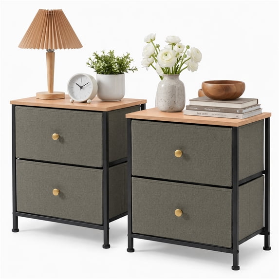 Nightstand for Bedroom, TINKLE WELL 2-Drawer Bedside Table, Khaki End Table for Closet, Dorm