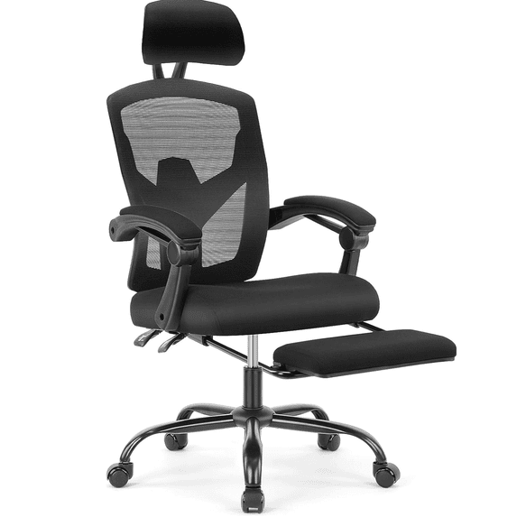 Office Computer Desk Chair, High-Back Ergonomic Mesh Swivel Chair with Lockable Recline, Adjustable Lumbar Support, Retractable Footrest & Padded Arms for Home Office, Study, and Gaming