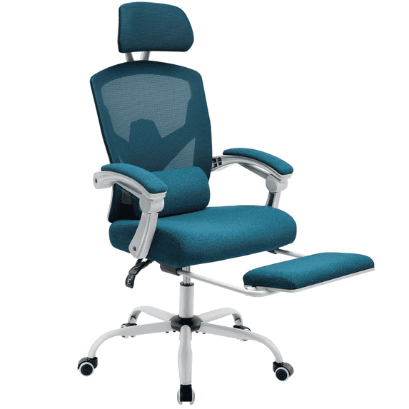 Office Computer Desk Chair, High-Back Ergonomic Mesh Swivel Chair with Lockable Recline, Adjustable Lumbar Support, Retractable Footrest & Padded Arms for Home Office, Study, and Gaming