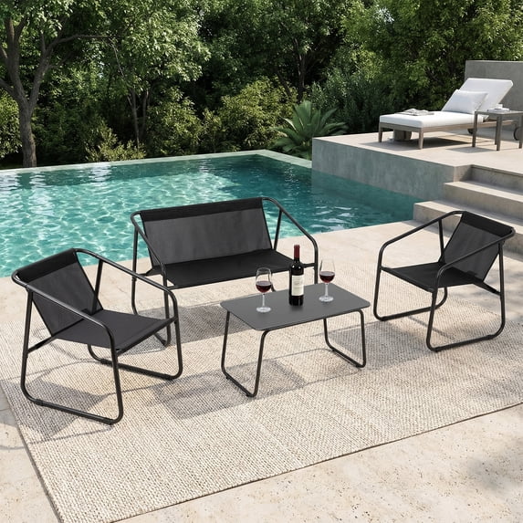 4-Piece Outdoor Patio Conversation Set, Modern All-Weather Furniture Set with 2-Person Loveseat, 2 Stationary Chairs and Metal Coffee Table, Heavy Duty Steel Frame Garden Set for 4 Persons, Black