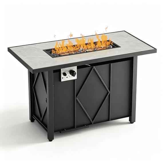 43 Inch Outdoor Propane Fire Pit Table, 50,000 BTU Rectangular Gas Fire Table with Diamond Steel Frame & Stone-Look Tabletop, Propane Fire Table for Patio Backyard, Tank Storage Space