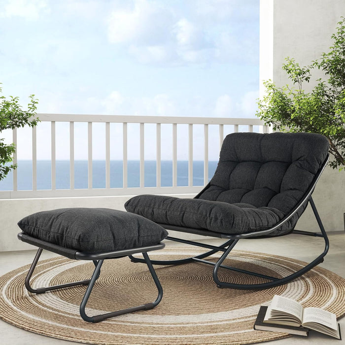 Oversized Rocking Chair with Footstool, Outdoor Indoor Comfy Reading Chairs Set with Cushion, Patio Rocker Recliner Chair, Grey