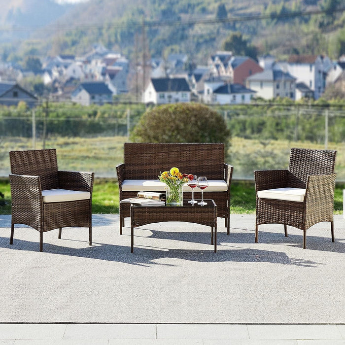 Patio Furniture Set, 4 PCS Rattan Patio Chairs Conversation Sets with Coffee Table and Cushion, Outdoors Wicker Bistro Chair Sets, Weather-Resistant, Beige