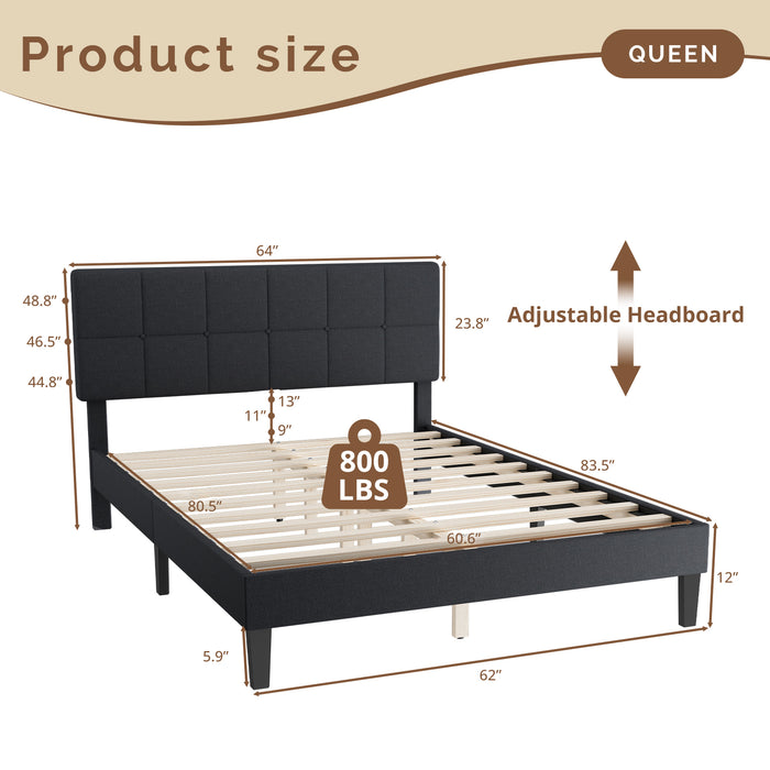 TINKLE WELL Twin/Queen Size Platform Bed Frame with Adjustable Headboard, 6" Under-Bed Storage, Solid Wood Frame, No Box Spring Required, 800LB Support, Quiet & Sturdy