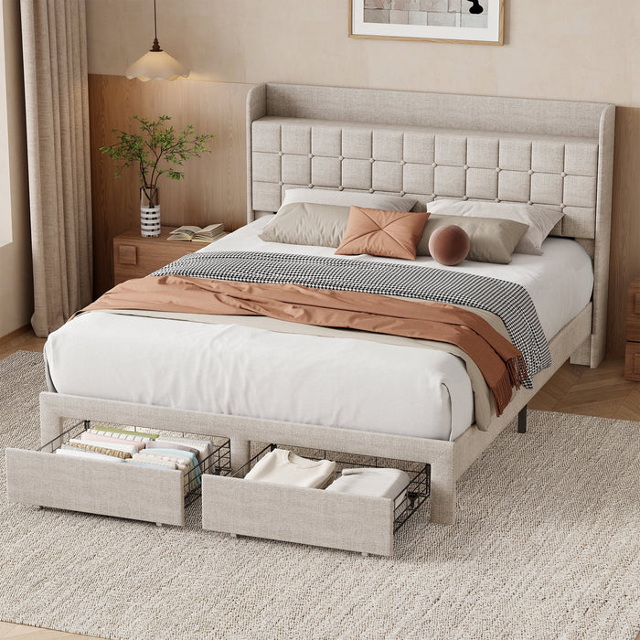 Blorly Queen Size Upholstered Platform Bed Frame with 4 Storage Drawers, Tufted Wingback Headboard with Top Storage Shelf, Heavy Duty Steel Slat Support, No Box Spring Needed, Noise-Free, Beige Linen