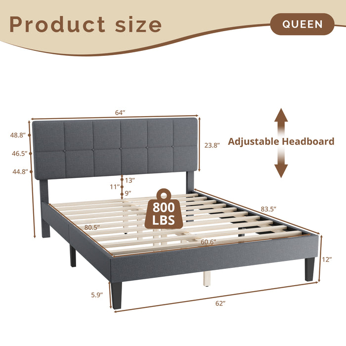TINKLE WELL Twin/Queen Size Platform Bed Frame with Adjustable Headboard, 6" Under-Bed Storage, Solid Wood Frame, No Box Spring Required, 800LB Support, Quiet & Sturdy