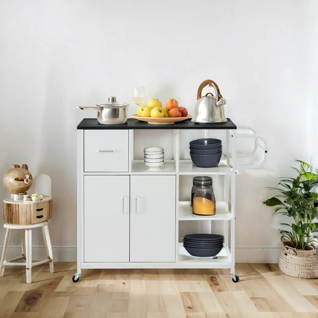Rolling Kitchen Island with Storage, Kitchen Cart with Solid Wood Countertop, Drawer, Adjustable Shelf and Wine Rack, White