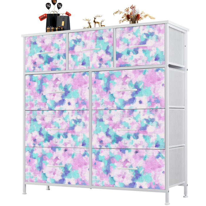 Sybels Dresser with 9 Drawers, Retro Floral Pattern Fabric Bins with Wooden Top for Bedroom, Closet, Nursery Entryway Hall, White