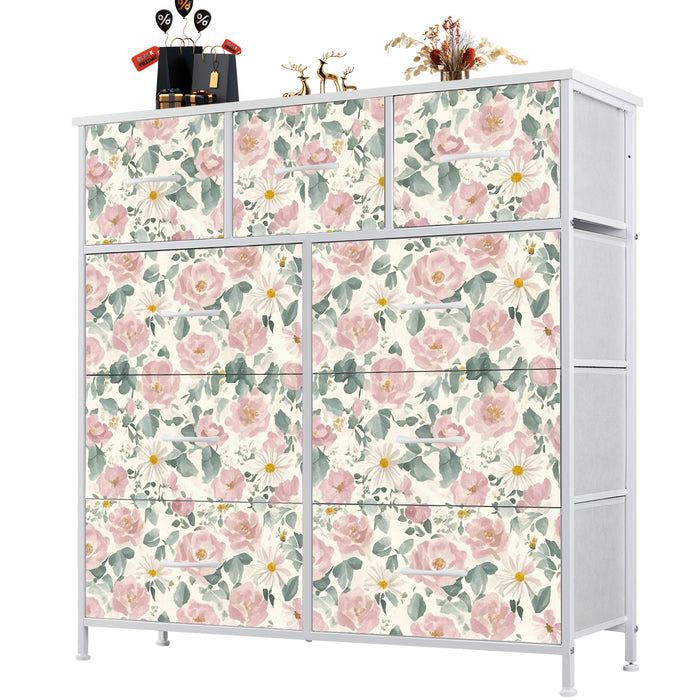 Sybels Dresser with 9 Drawers, Retro Floral Pattern Fabric Bins with Wooden Top for Bedroom, Closet, Nursery Entryway Hall, White