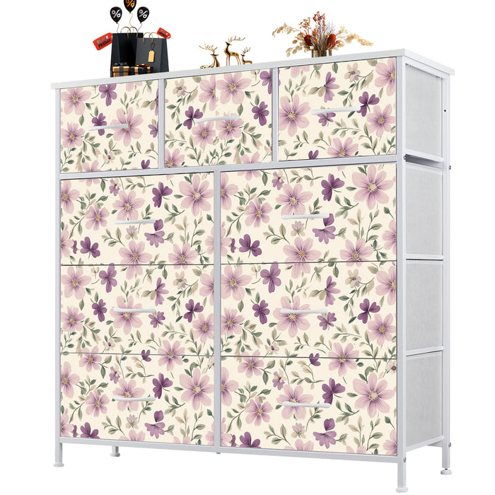 Sybels Dresser with 9 Drawers, Retro Floral Pattern Fabric Bins with Wooden Top for Bedroom, Closet, Nursery Entryway Hall, White