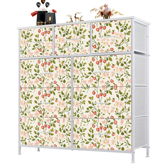 Sybels Dresser with 9 Drawers, Retro Floral Pattern Fabric Bins with Wooden Top for Bedroom, Closet, Nursery Entryway Hall, White