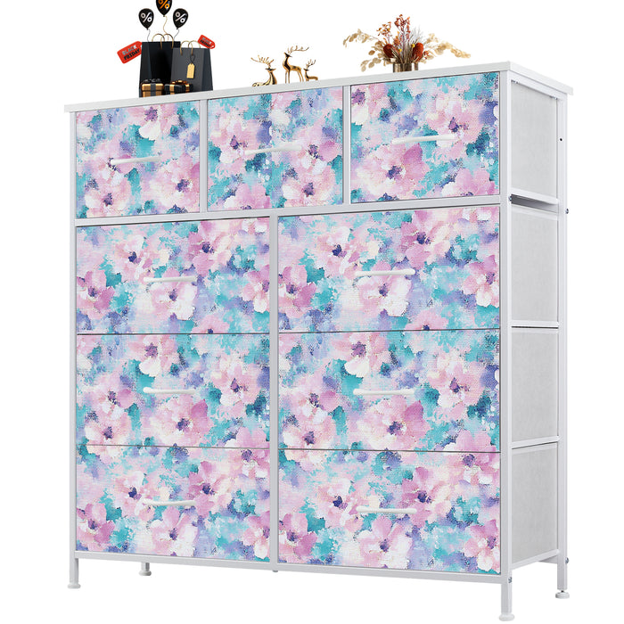 Sybels Dresser with 9 Drawers, Retro Floral Pattern Fabric Bins with Wooden Top for Bedroom, Closet, Nursery Entryway Hall, White