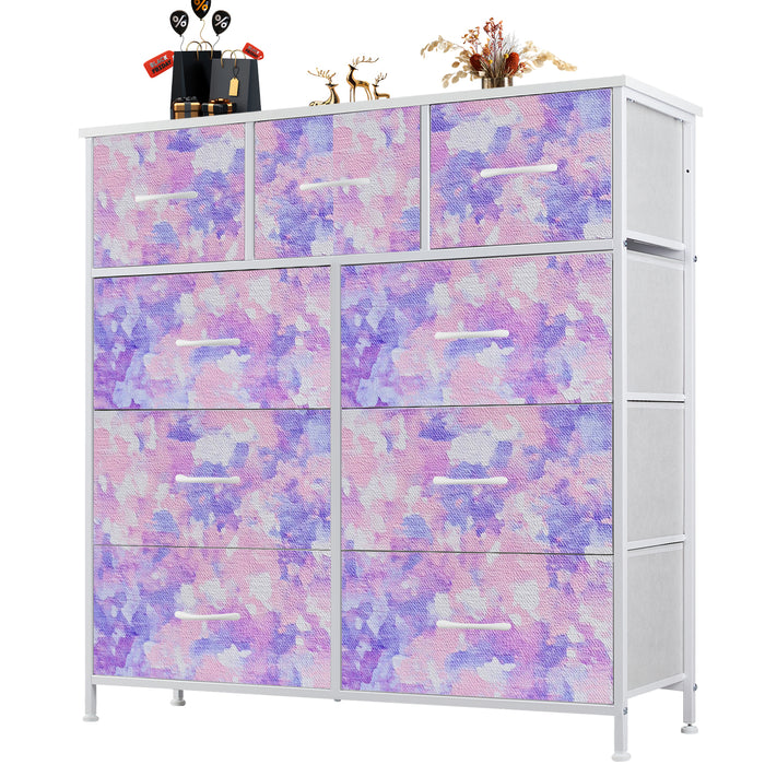Sybels Dresser with 9 Drawers, Retro Floral Pattern Fabric Bins with Wooden Top for Bedroom, Closet, Nursery Entryway Hall, White