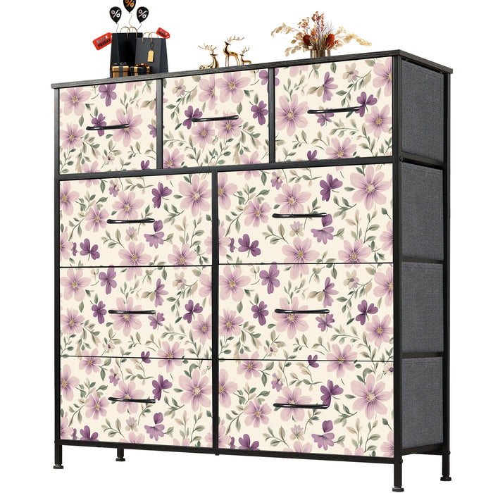 Sybels Dresser with 9 Drawers, Retro Floral Pattern Fabric Bins with Wooden Top for Bedroom, Closet, Nursery Entryway Hall, White