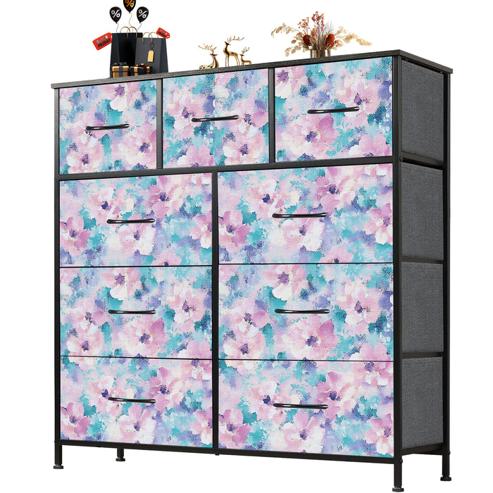 Sybels Dresser with 9 Drawers, Retro Floral Pattern Fabric Bins with Wooden Top for Bedroom, Closet, Nursery Entryway Hall, White