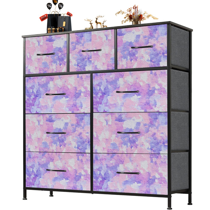 Sybels Dresser with 9 Drawers, Retro Floral Pattern Fabric Bins with Wooden Top for Bedroom, Closet, Nursery Entryway Hall, White