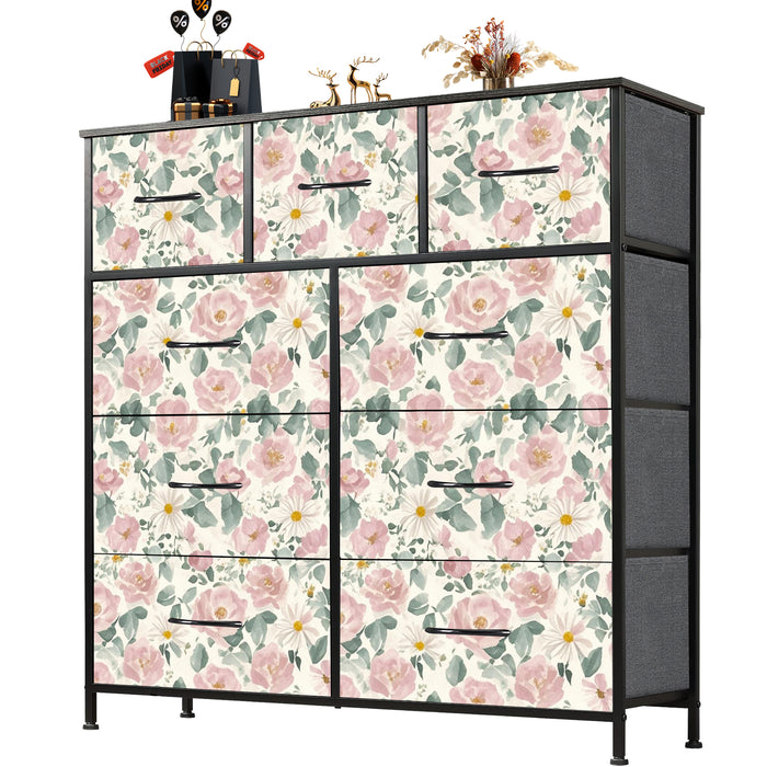 Sybels Dresser with 9 Drawers, Retro Floral Pattern Fabric Bins with Wooden Top for Bedroom, Closet, Nursery Entryway Hall, White