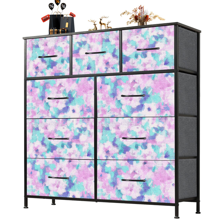 Sybels Dresser with 9 Drawers, Retro Floral Pattern Fabric Bins with Wooden Top for Bedroom, Closet, Nursery Entryway Hall, White