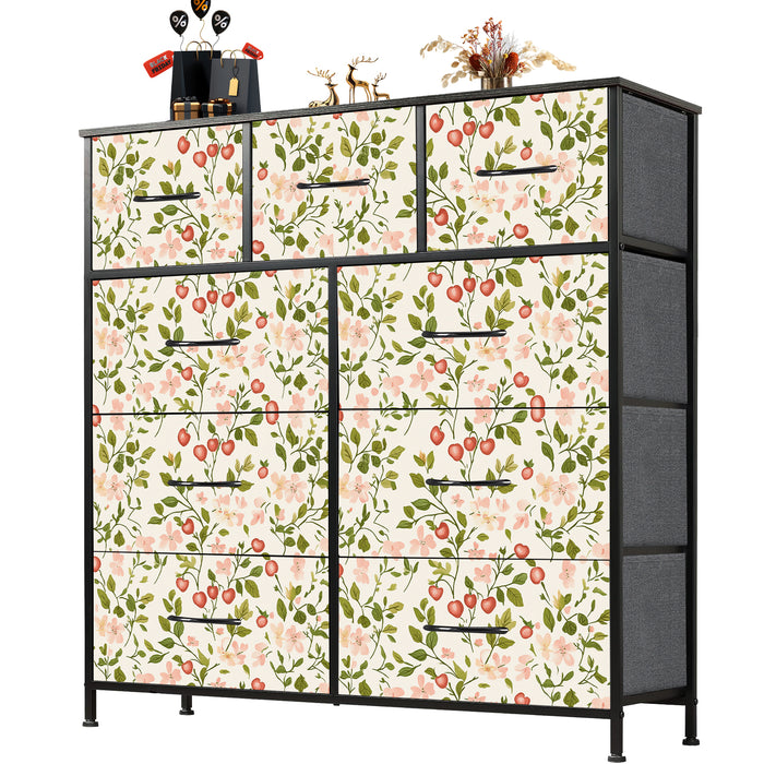 Sybels Dresser with 9 Drawers, Retro Floral Pattern Fabric Bins with Wooden Top for Bedroom, Closet, Nursery Entryway Hall, White