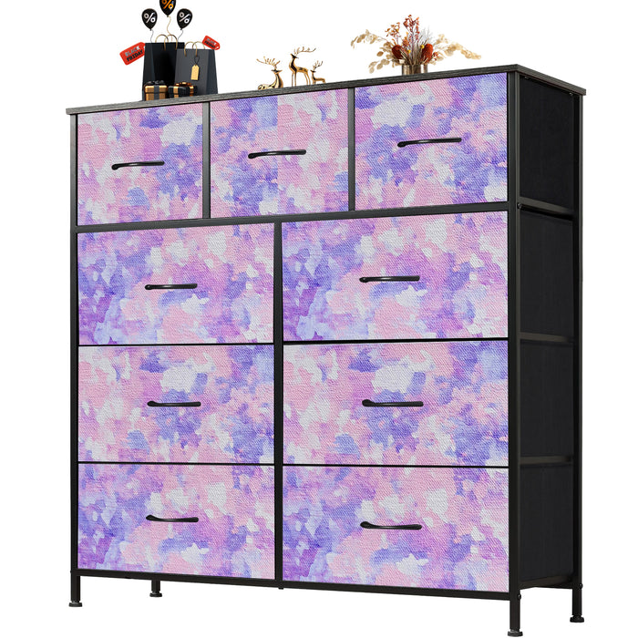 Sybels Dresser with 9 Drawers, Retro Floral Pattern Fabric Bins with Wooden Top for Bedroom, Closet, Nursery Entryway Hall, White