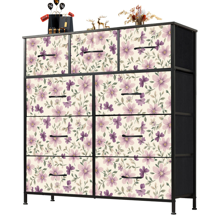 Sybels Dresser with 9 Drawers, Retro Floral Pattern Fabric Bins with Wooden Top for Bedroom, Closet, Nursery Entryway Hall, White