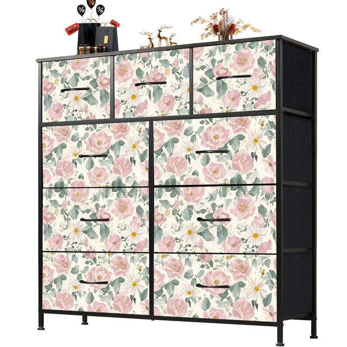 Sybels Dresser with 9 Drawers, Retro Floral Pattern Fabric Bins with Wooden Top for Bedroom, Closet, Nursery Entryway Hall, White