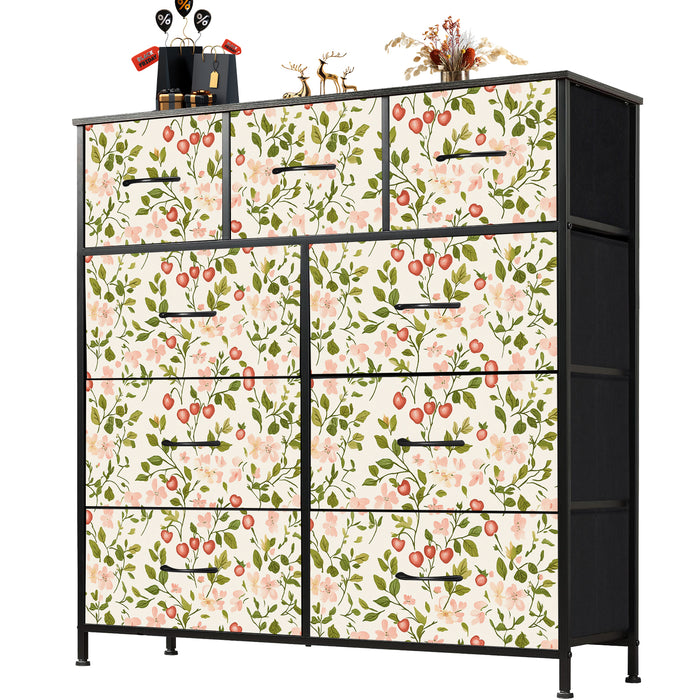 Sybels Dresser with 9 Drawers, Retro Floral Pattern Fabric Bins with Wooden Top for Bedroom, Closet, Nursery Entryway Hall, White