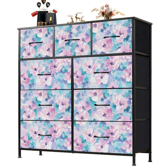 Sybels Dresser with 9 Drawers, Retro Floral Pattern Fabric Bins with Wooden Top for Bedroom, Closet, Nursery Entryway Hall, White