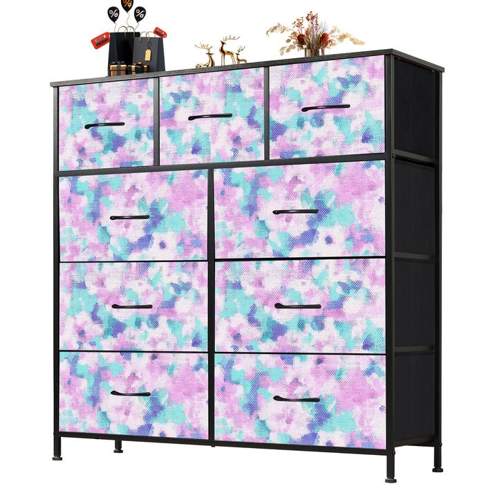 Sybels Dresser with 9 Drawers, Retro Floral Pattern Fabric Bins with Wooden Top for Bedroom, Closet, Nursery Entryway Hall, White