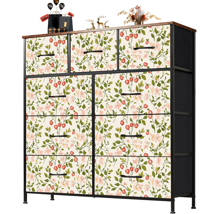 Sybels Dresser with 9 Drawers, Retro Floral Pattern Fabric Bins with Wooden Top for Bedroom, Closet, Nursery Entryway Hall, White
