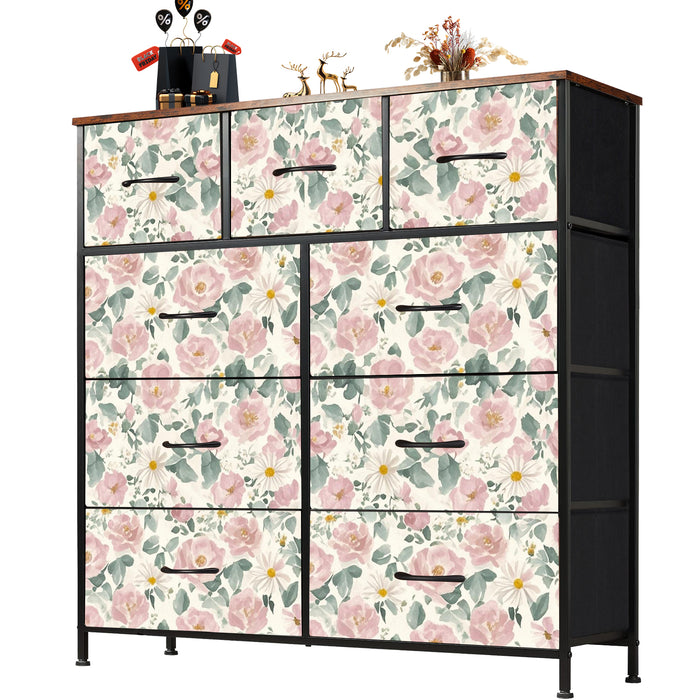 Sybels Dresser with 9 Drawers, Retro Floral Pattern Fabric Bins with Wooden Top for Bedroom, Closet, Nursery Entryway Hall, White