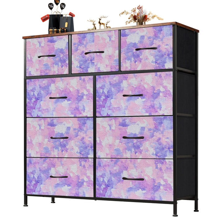 Sybels Dresser with 9 Drawers, Retro Floral Pattern Fabric Bins with Wooden Top for Bedroom, Closet, Nursery Entryway Hall, White