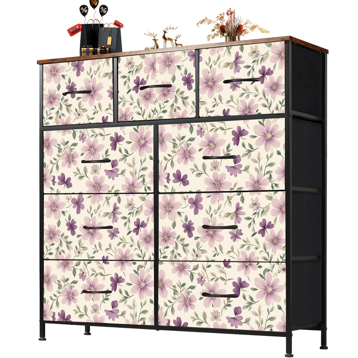 Sybels Dresser with 9 Drawers, Retro Floral Pattern Fabric Bins with Wooden Top for Bedroom, Closet, Nursery Entryway Hall, White
