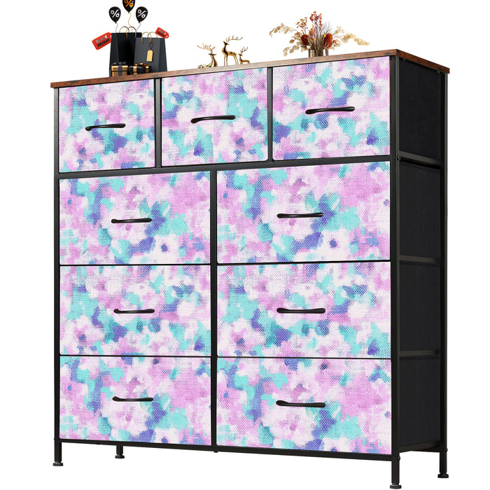 Sybels Dresser with 9 Drawers, Retro Floral Pattern Fabric Bins with Wooden Top for Bedroom, Closet, Nursery Entryway Hall, White
